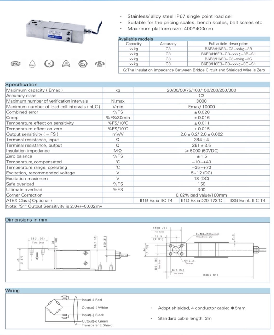 thông số kỹ thuật loadcell H6E3 50KG, 100KG, 150KG, 300KG - Cân điện tử Trường Phát